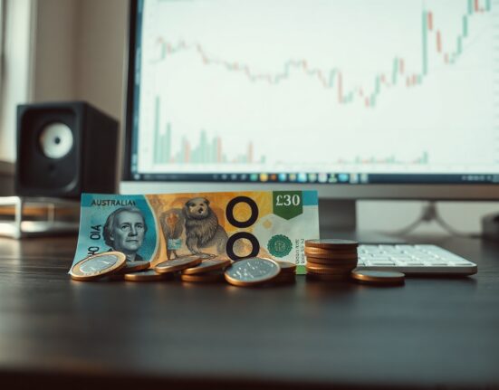 Australian dollar banknotes and coins on a desk with a trading chart in the background