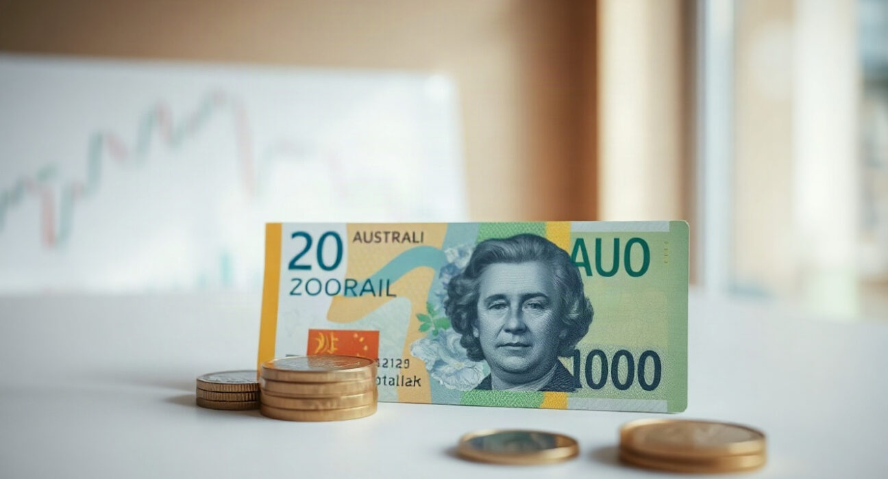 Australian dollar banknotes and coins on a table with a blurred financial chart in the background