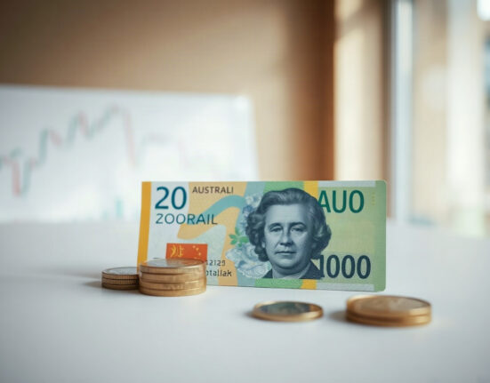 Australian dollar banknotes and coins on a table with a blurred financial chart in the background