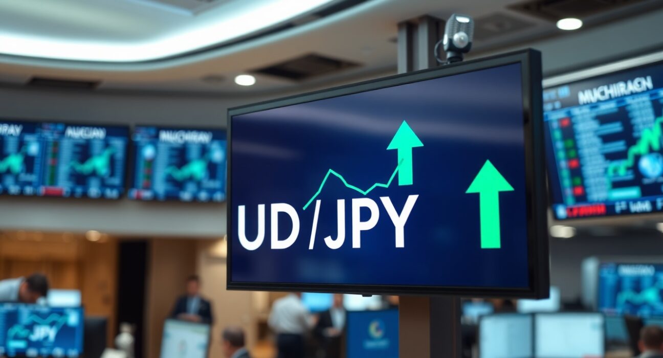 Trading screen showing AUD/JPY forex pair with upward movement on a financial floor