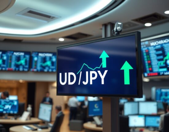 Trading screen showing AUD/JPY forex pair with upward movement on a financial floor
