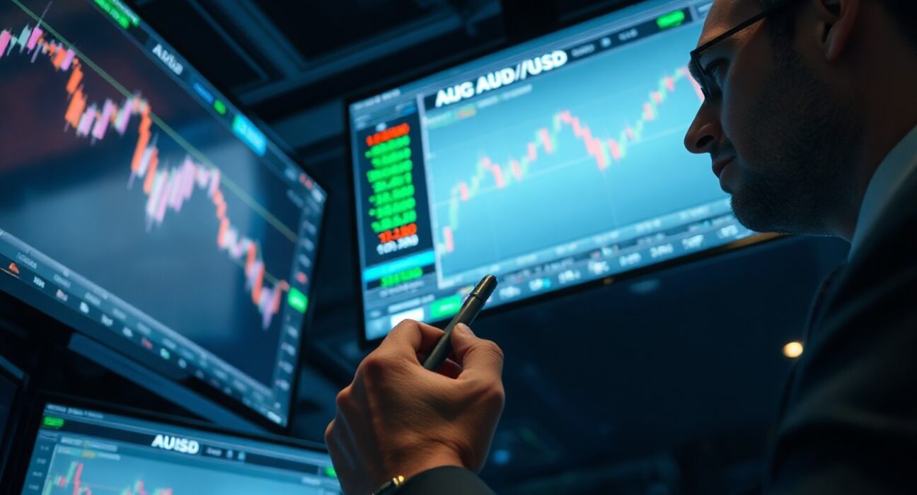 Trader monitors AUD/USD chart on multiple screens in a dimly lit trading floor