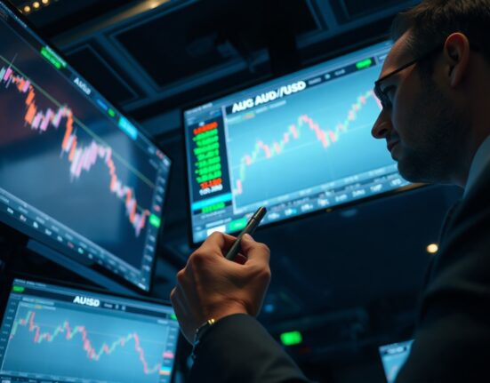 Trader monitors AUD/USD chart on multiple screens in a dimly lit trading floor