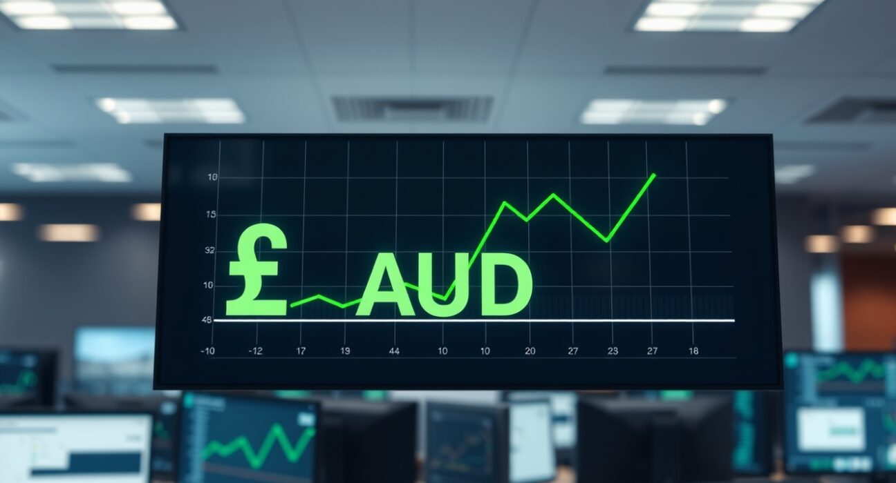 Australian Dollar symbol on a digital trading screen with an upward trend chart