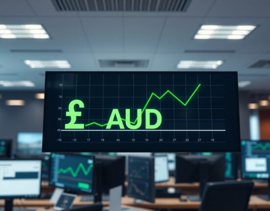 Australian Dollar symbol on a digital trading screen with an upward trend chart