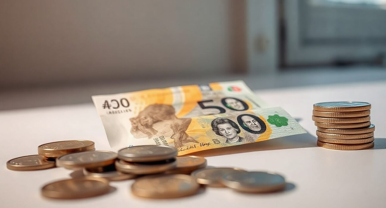 Australian dollar banknotes and coins on a neutral background, symbolizing currency markets and monetary policy.