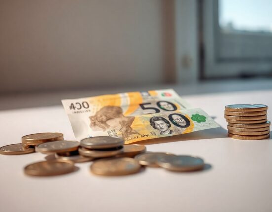 Australian dollar banknotes and coins on a neutral background, symbolizing currency markets and monetary policy.