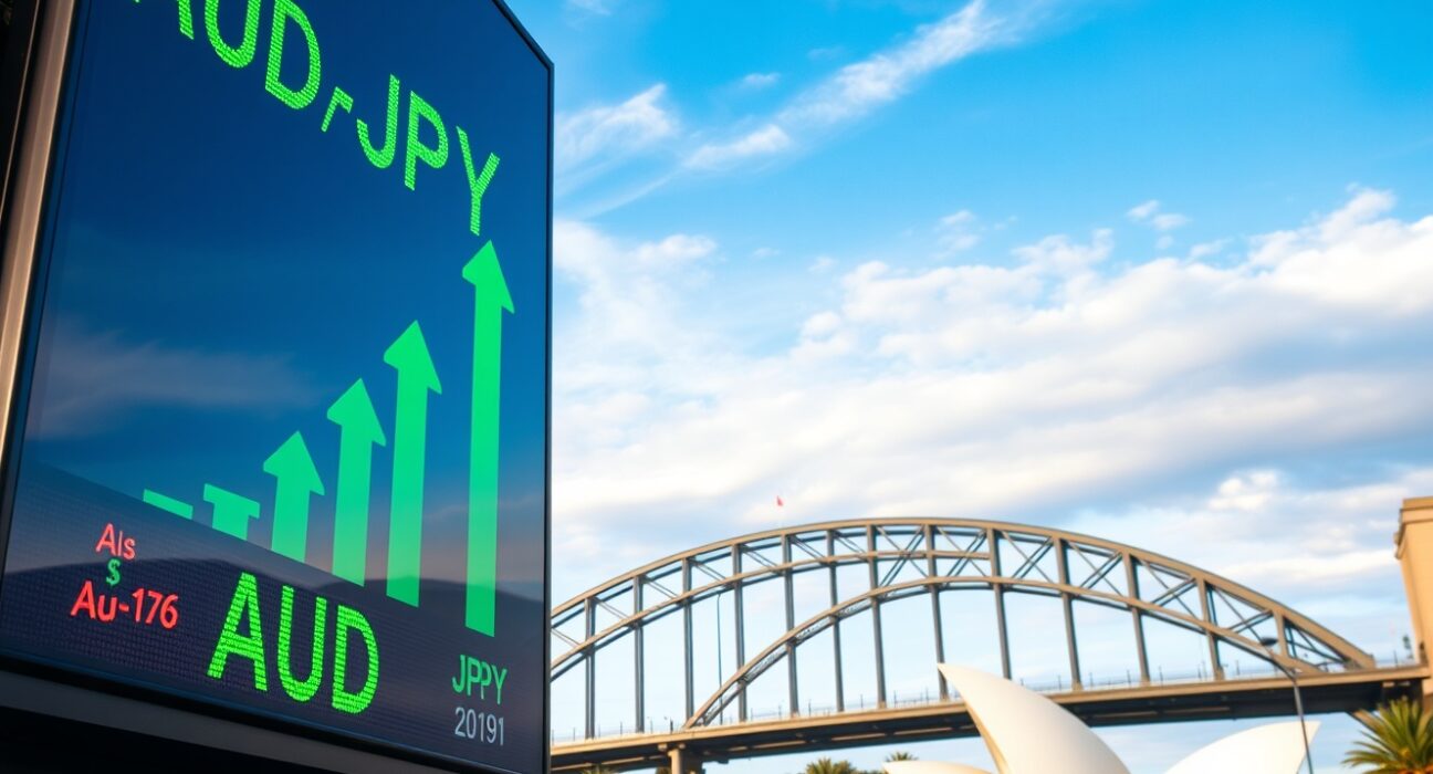 Digital currency exchange board showing AUD/JPY rate increase in Sydney financial district