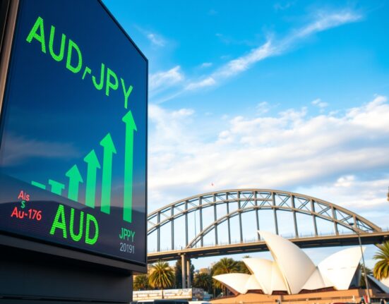 Digital currency exchange board showing AUD/JPY rate increase in Sydney financial district
