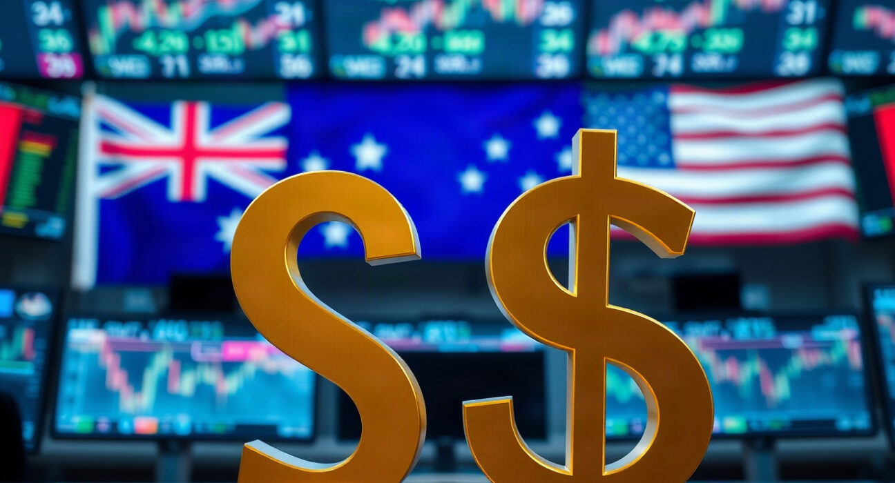 Australian Dollar and US Dollar symbols on a trading floor with charts in background