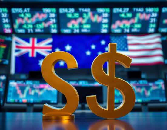 Australian Dollar and US Dollar symbols on a trading floor with charts in background