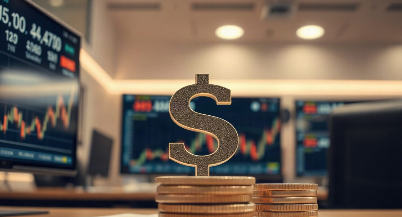 Australian Dollar banknotes and coins with a financial chart in the background