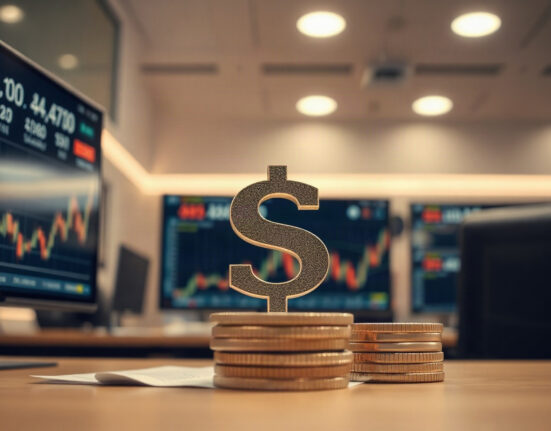 Australian Dollar banknotes and coins with a financial chart in the background