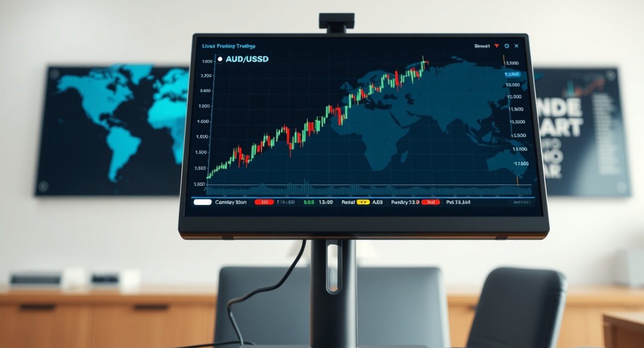 Forex trading chart showing Australian Dollar strengthening against US Dollar amid geopolitical developments.