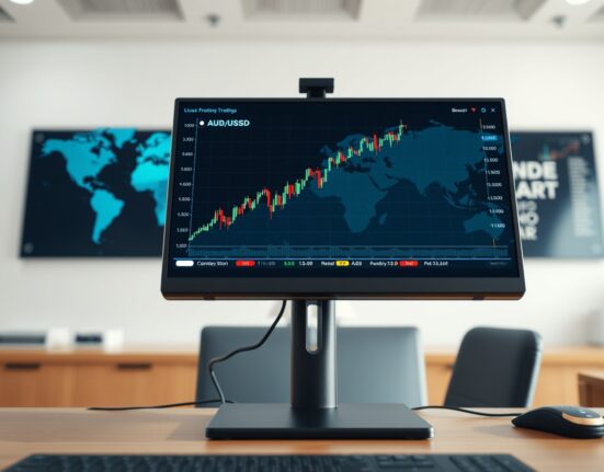 Forex trading chart showing Australian Dollar strengthening against US Dollar amid geopolitical developments.