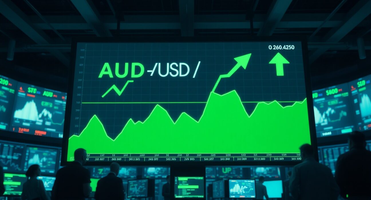 AUD/USD forex chart showing upward movement on a trading floor display