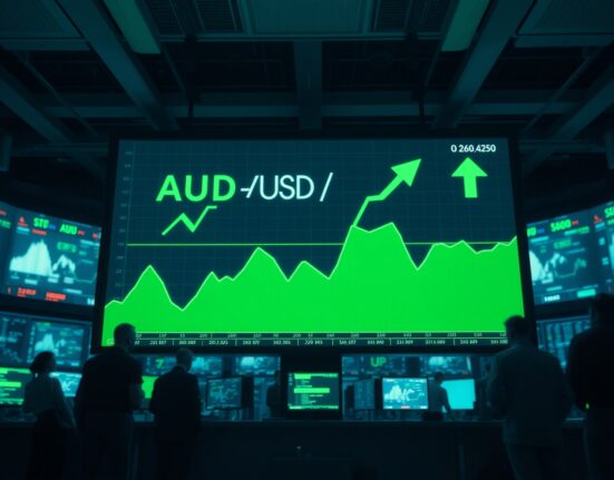 AUD/USD forex chart showing upward movement on a trading floor display