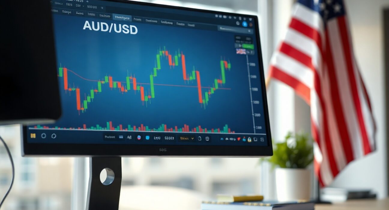 AUD/USD currency chart on a monitor with Australian and US flags in the background