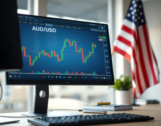 AUD/USD currency chart on a monitor with Australian and US flags in the background