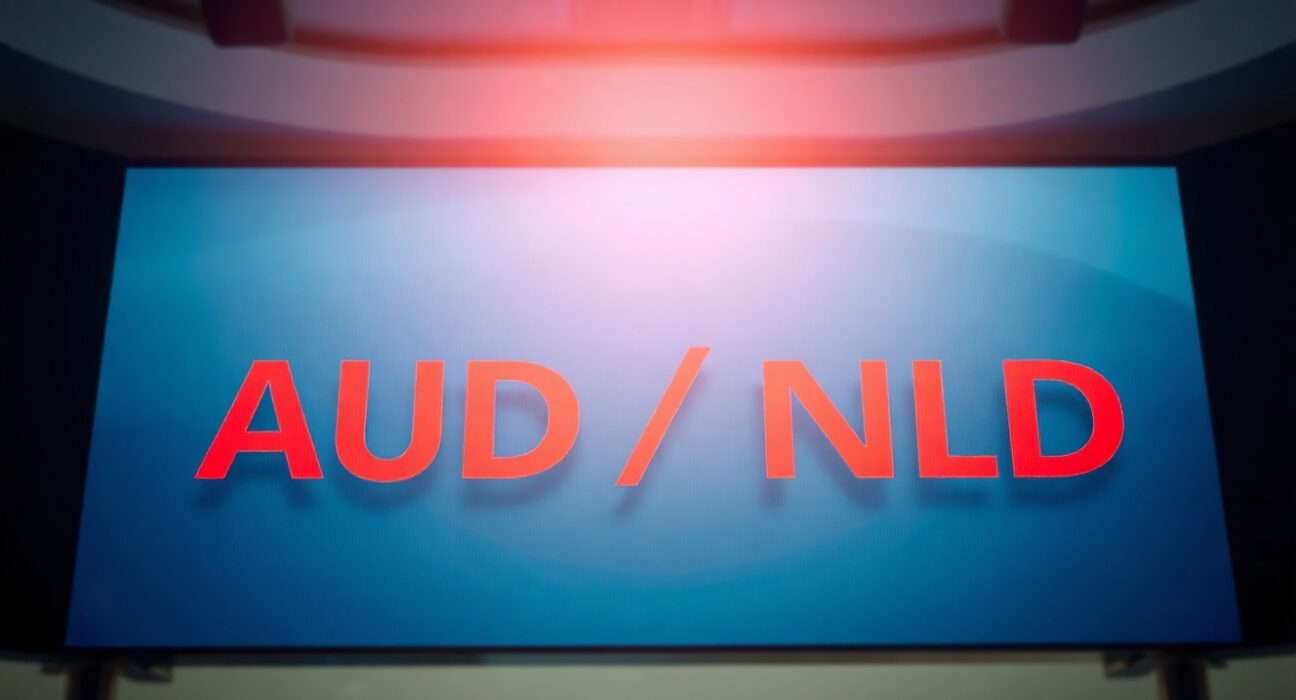 AUD/NZD currency pair on a digital trading screen with downward trend indicators