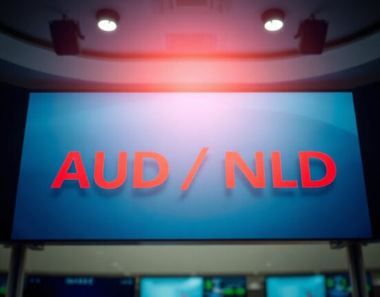 AUD/NZD currency pair on a digital trading screen with downward trend indicators