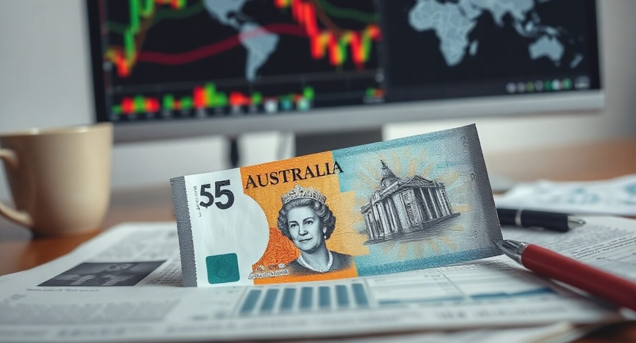 Australian dollar banknote on a trading desk with forex charts in the background