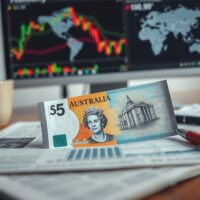 Australian dollar banknote on a trading desk with forex charts in the background