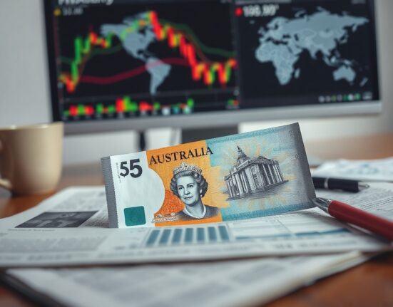 Australian dollar banknote on a trading desk with forex charts in the background