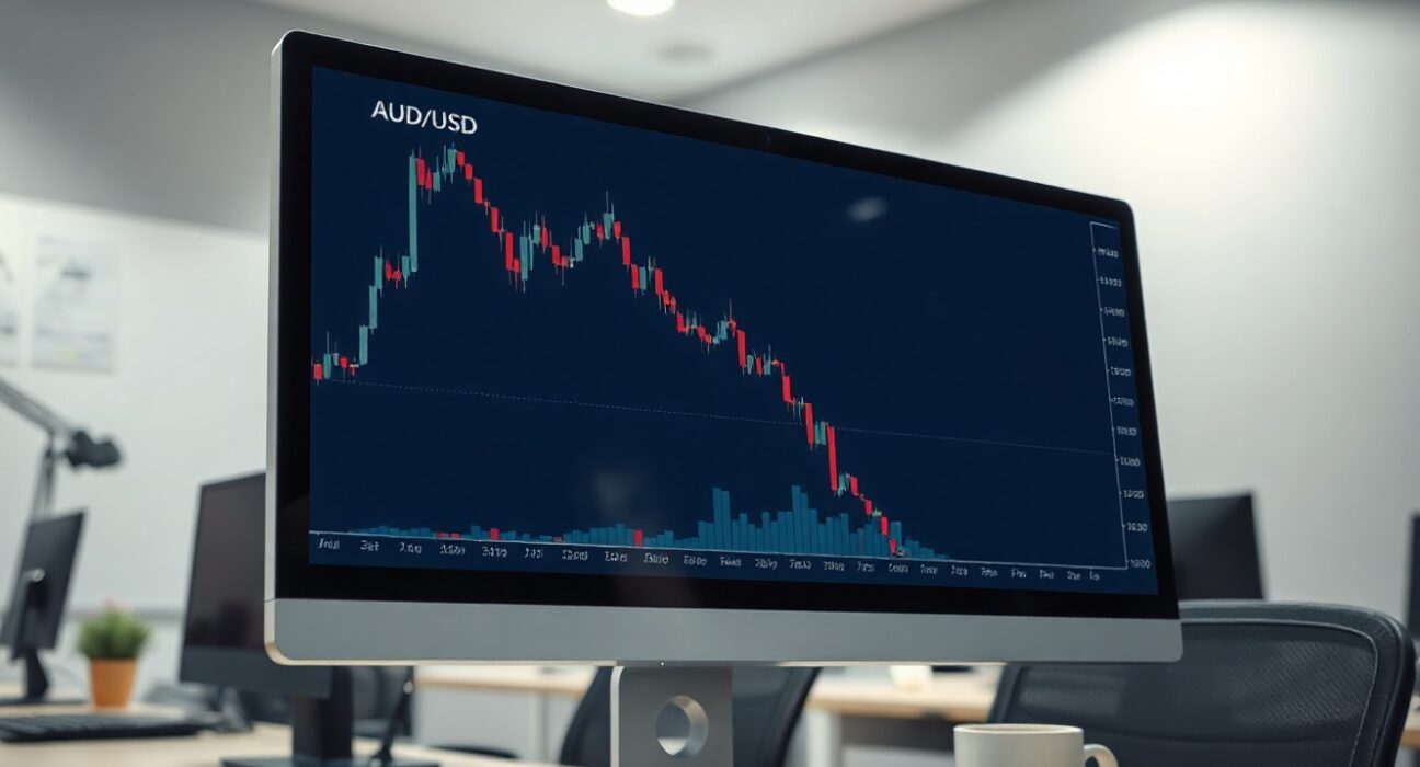AUD/USD forex chart showing a gradual downward trend on a computer monitor in a trading office.