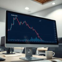 AUD/USD forex chart showing a gradual downward trend on a computer monitor in a trading office.