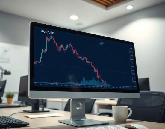AUD/USD forex chart showing a gradual downward trend on a computer monitor in a trading office.