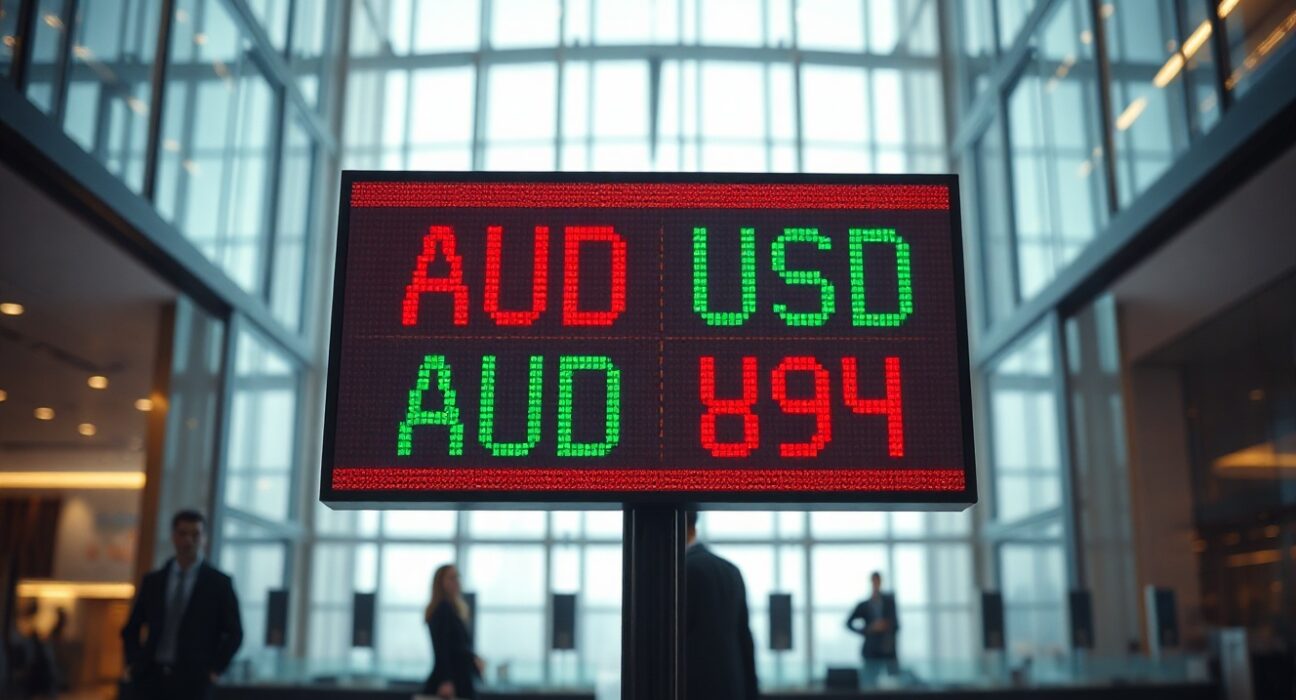 AUD/USD exchange rate displayed on a digital board in a modern financial district trading floor.