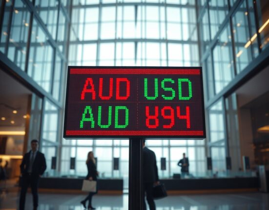 AUD/USD exchange rate displayed on a digital board in a modern financial district trading floor.