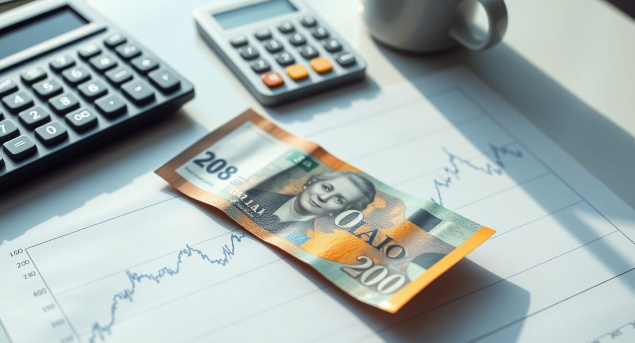 Australian Dollar banknote on a financial chart with a blue upward trend line