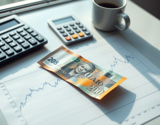 Australian Dollar banknote on a financial chart with a blue upward trend line