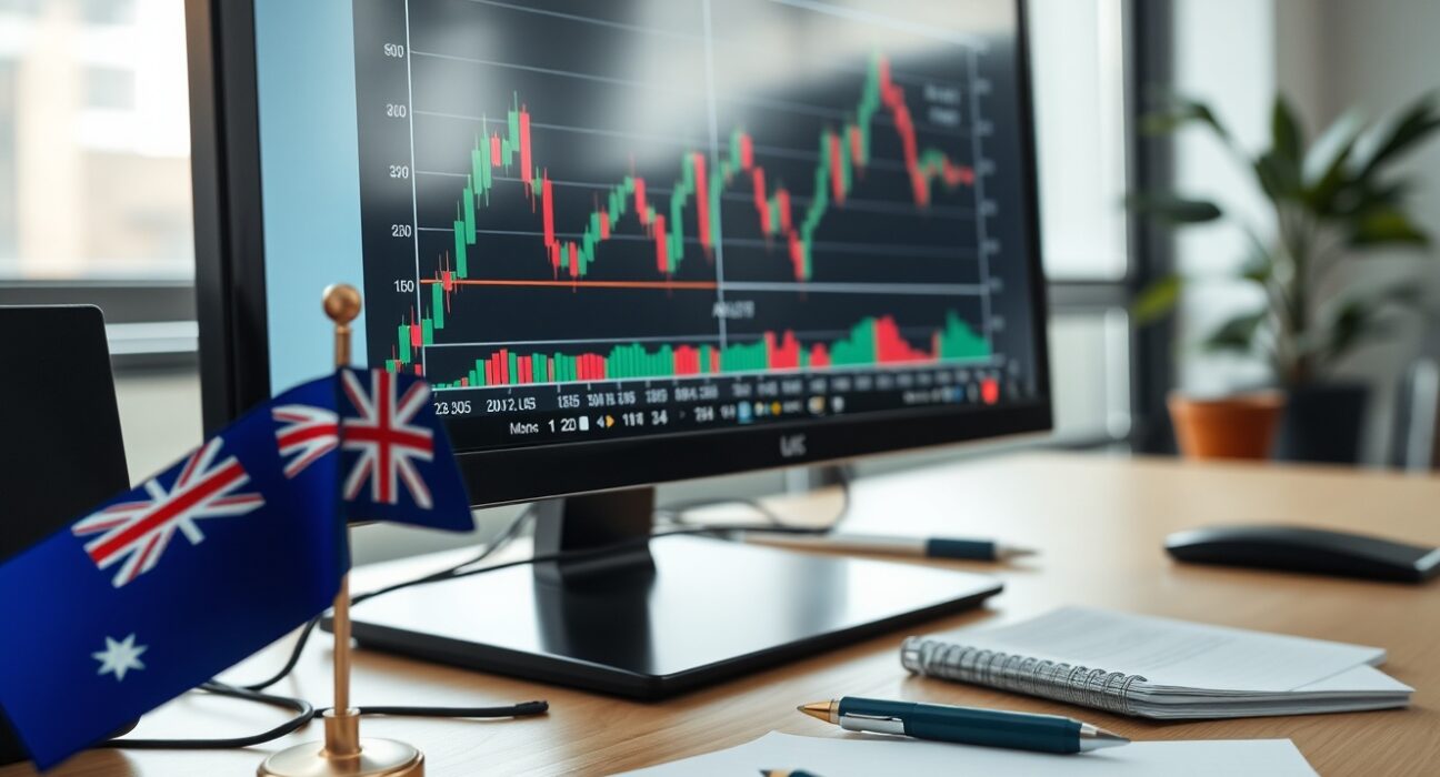 Analyst desk with AUD/USD chart and Australian flag