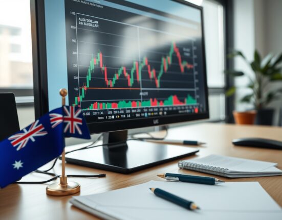 Analyst desk with AUD/USD chart and Australian flag