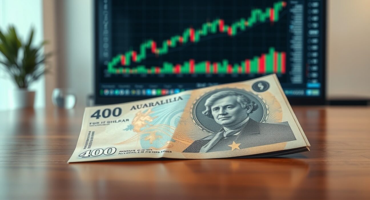 Australian Dollar banknote on table with rising forex chart in background, representing firm AUD amid hawkish RBA bets.