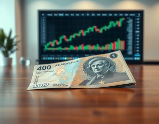 Australian Dollar banknote on table with rising forex chart in background, representing firm AUD amid hawkish RBA bets.