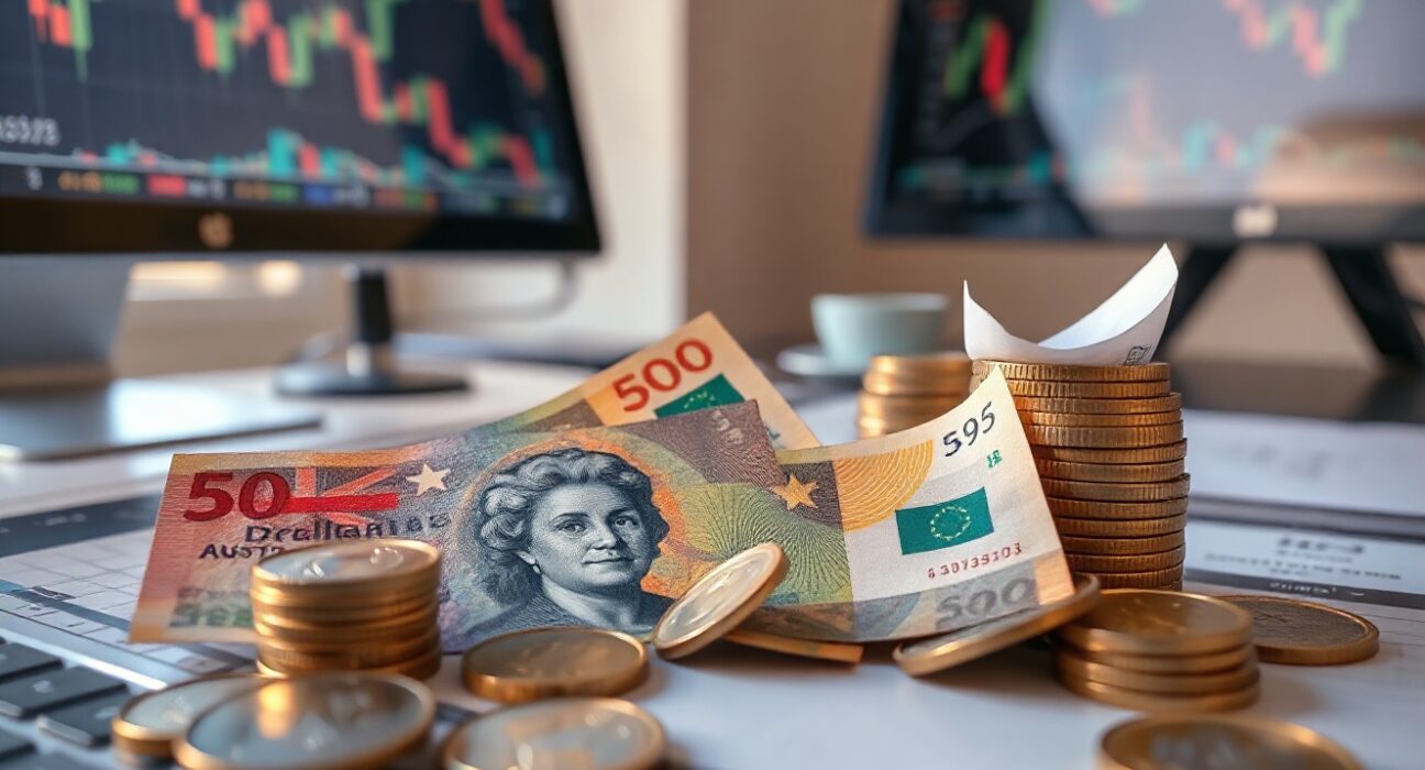 Australian Dollar banknotes and coins on a desk with financial charts in the background
