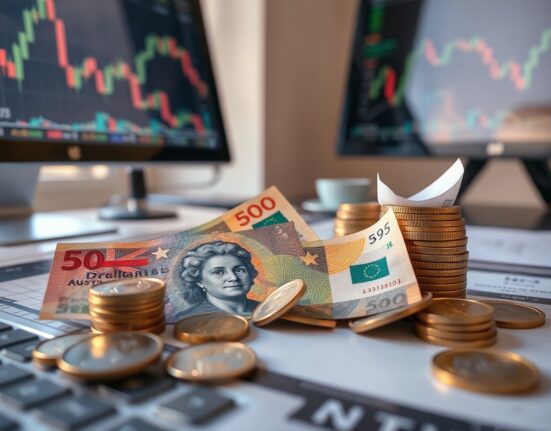 Australian Dollar banknotes and coins on a desk with financial charts in the background