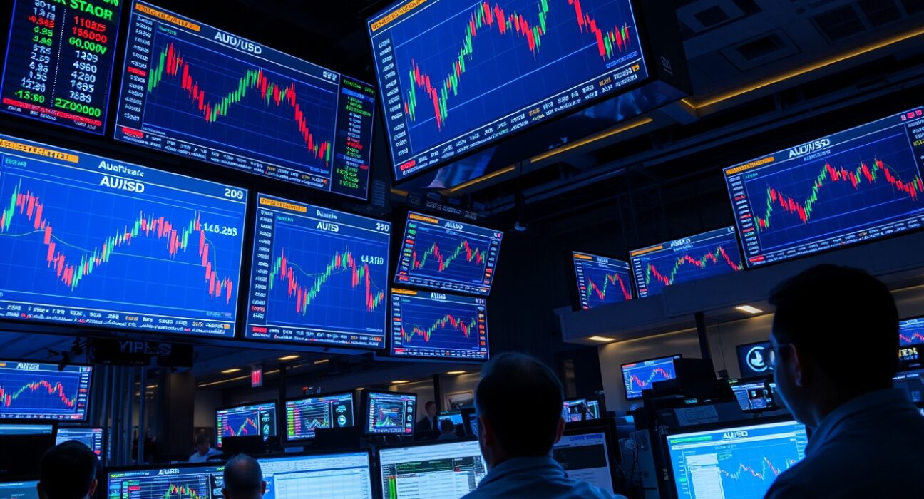 Traders monitoring AUD/USD charts on a Sydney trading floor.