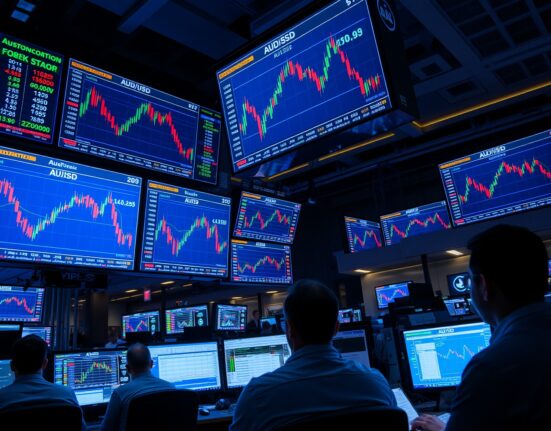 Traders monitoring AUD/USD charts on a Sydney trading floor.