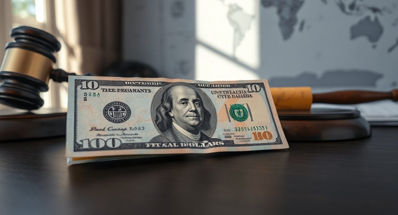 US and Australian dollar bills on a desk with a world map in the background, representing currency market reaction to geopolitical news.