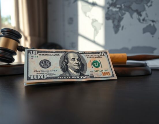US and Australian dollar bills on a desk with a world map in the background, representing currency market reaction to geopolitical news.