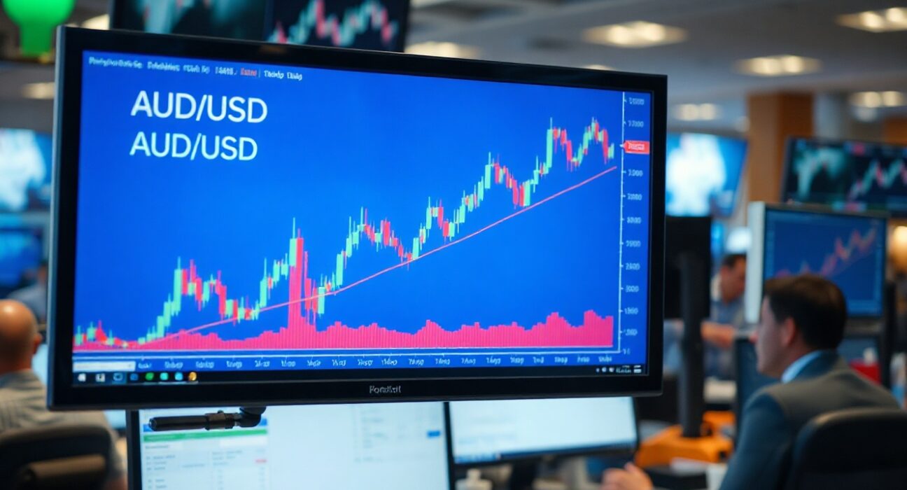 AUD/USD chart showing upward trend on a trading screen in a professional setting