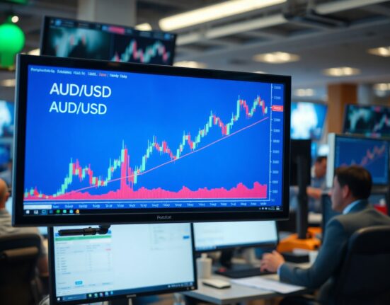 AUD/USD chart showing upward trend on a trading screen in a professional setting