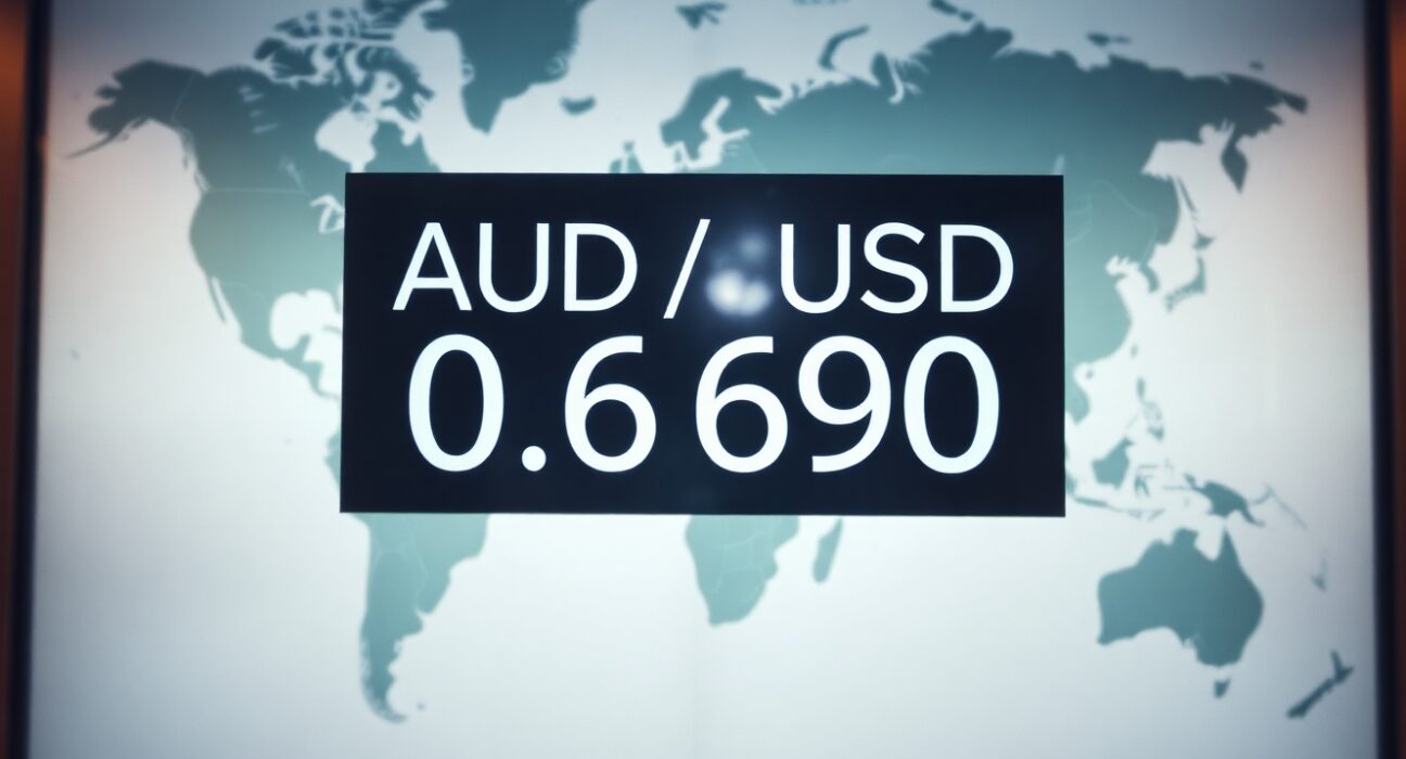 AUD/USD exchange rate board showing 0.6900 with a world map highlighting Iran in the background