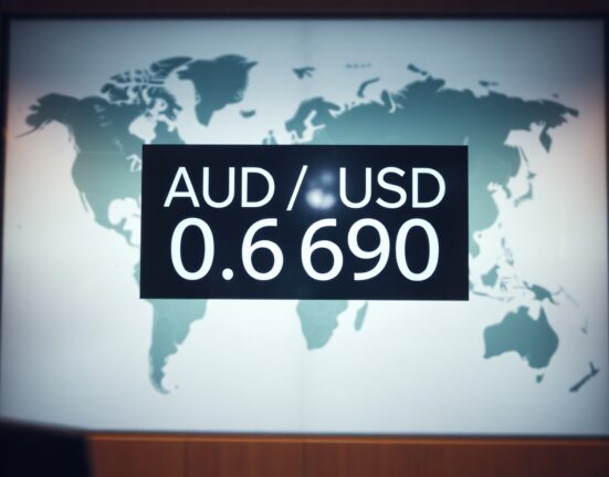 AUD/USD exchange rate board showing 0.6900 with a world map highlighting Iran in the background