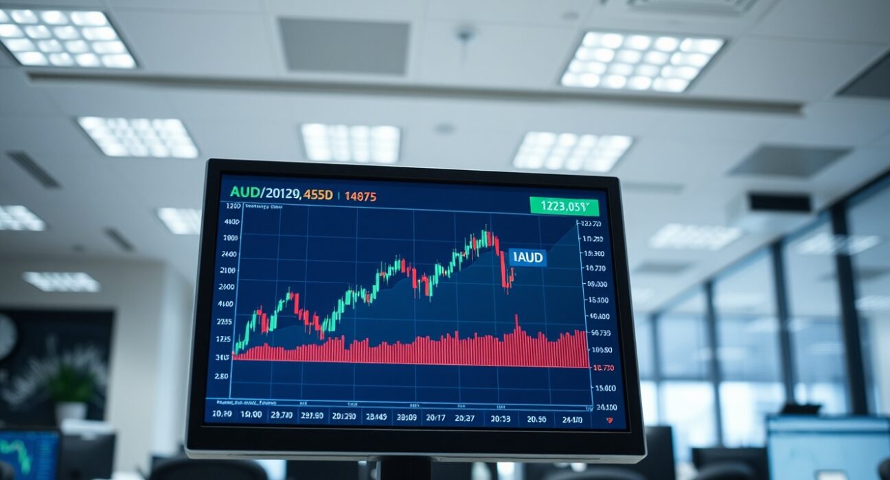 AUD/USD chart showing upward movement on a trading screen in a modern office